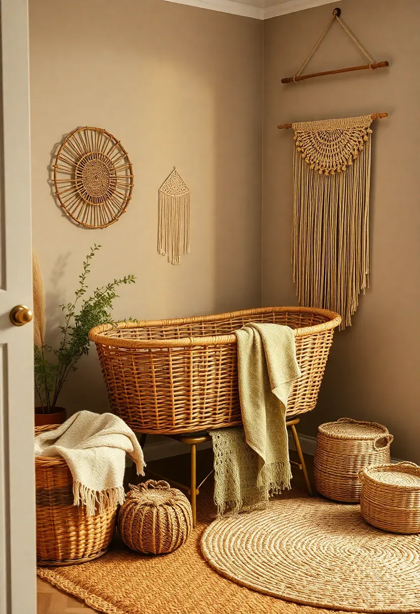 Bohemian nursery corner nook in small bedroom with rattan Moses basket, macramé wall hanging, and jute rug