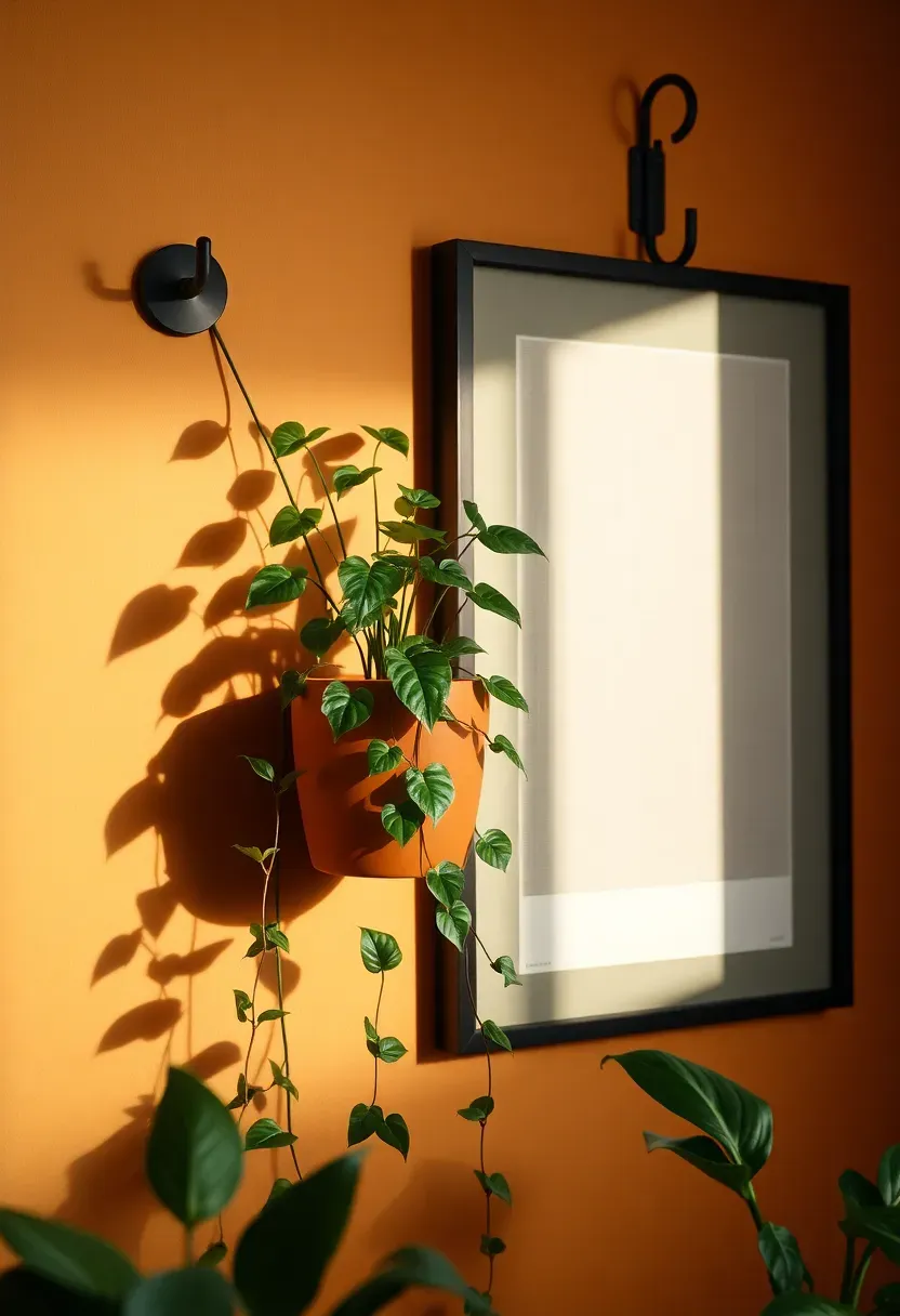 Wall-mounted ceramic planter with trailing pothos plant installed beside a framed print, adding dimension and organic texture