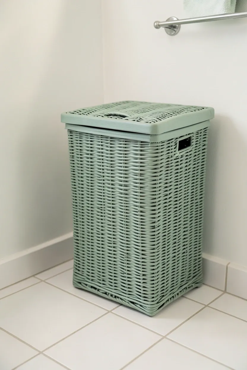 Sage green wicker laundry hamper with lid in the corner of a white apartment bathroom keeping the space tidy and maintaining a calm green palette