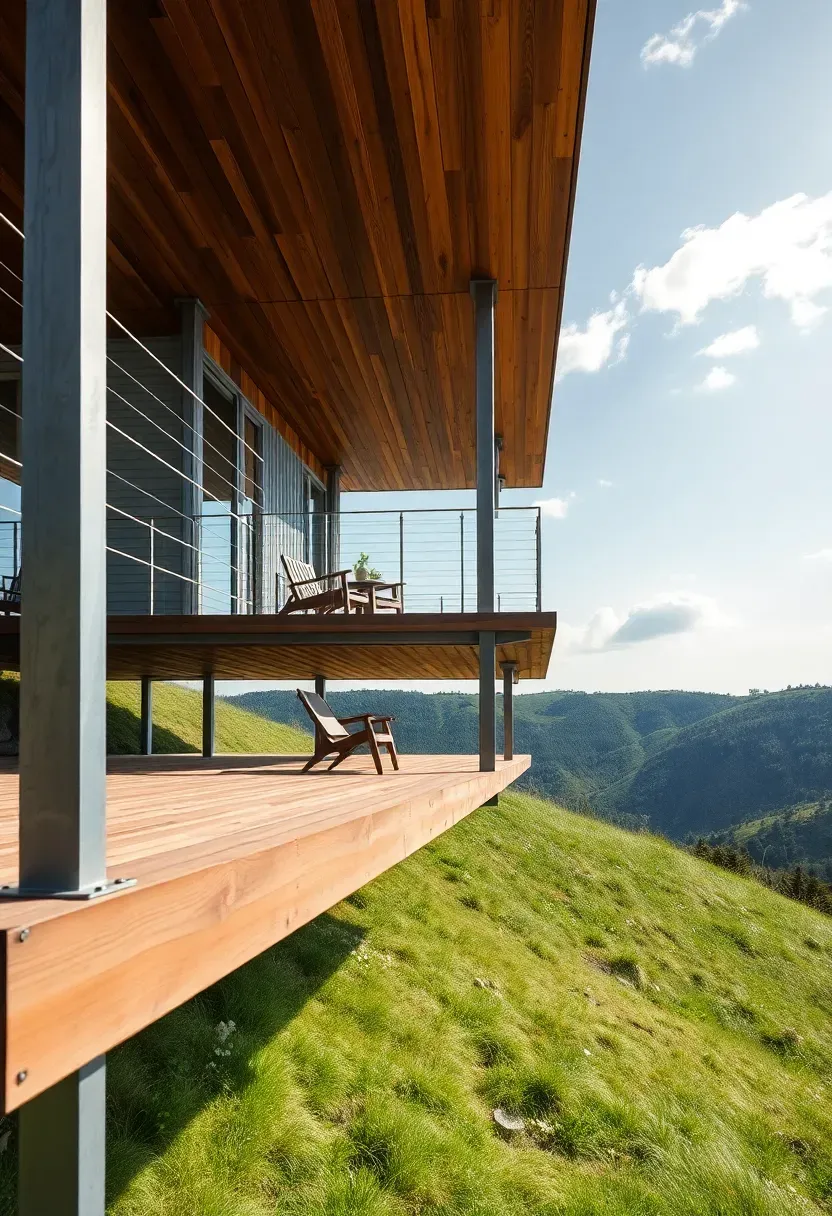 Elevated floating timber deck platform cantilevered over a gently sloping grassy hillside with steel post supports and cable railing