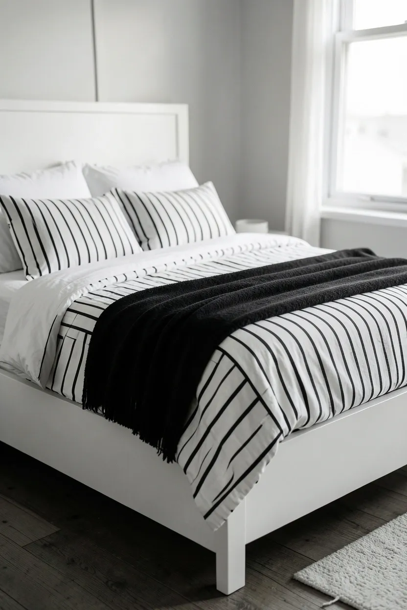 Bold black and white striped duvet cover on a bed with solid white pillows and a layered black throw blanket