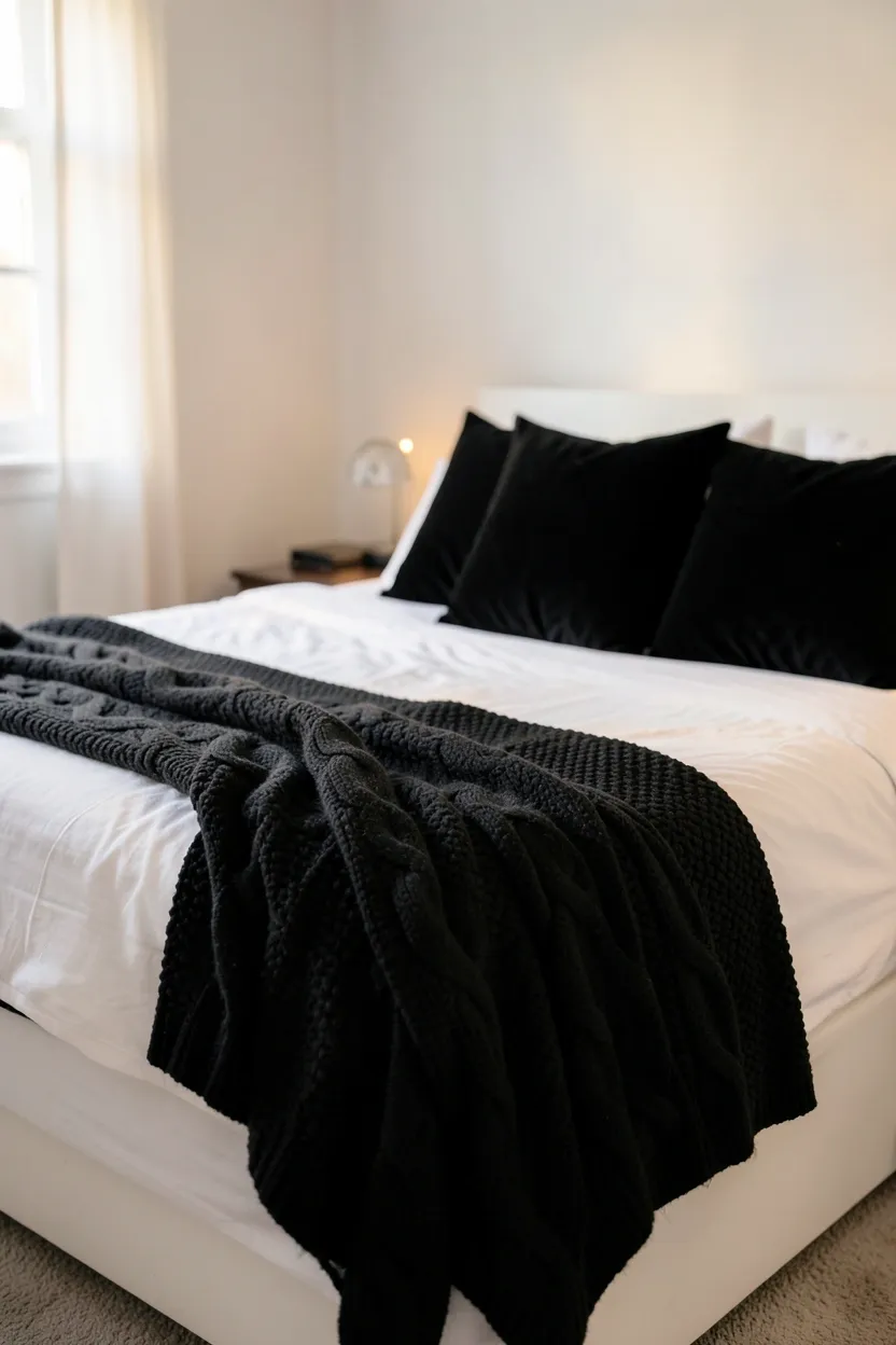 Cable-knit black throw blanket draped over white linen bedding with a black and white patterned accent pillow