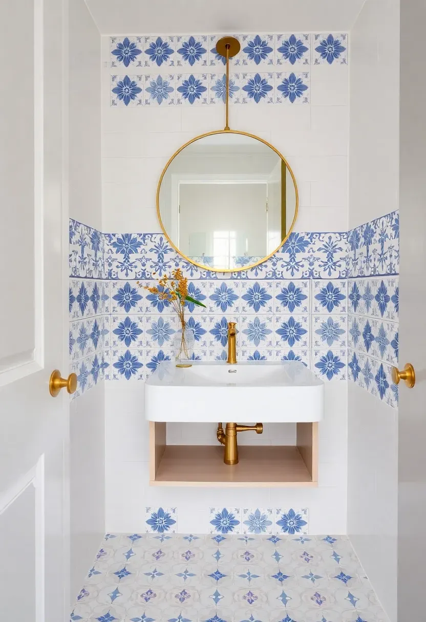 Small bathroom with peel-and-stick Moroccan patterned tile stickers over old white tiles, paired with a modern vanity and round mirror