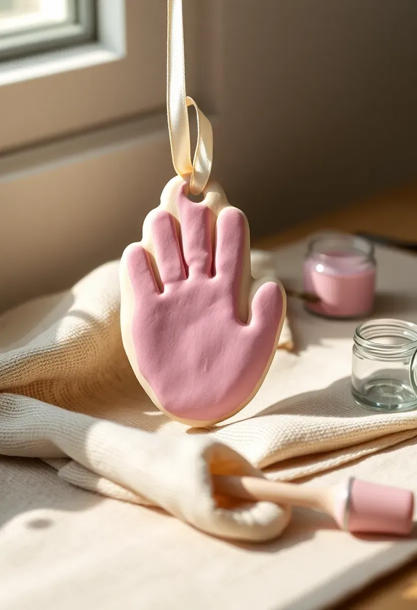 salt dough handprint ornament painted in soft pastel colors with a ribbon loop