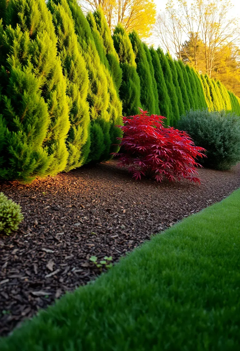 A landscaped backyard privacy berm with mixed plantings including evergreen shrubs and ornamental trees creating elevation and screening
