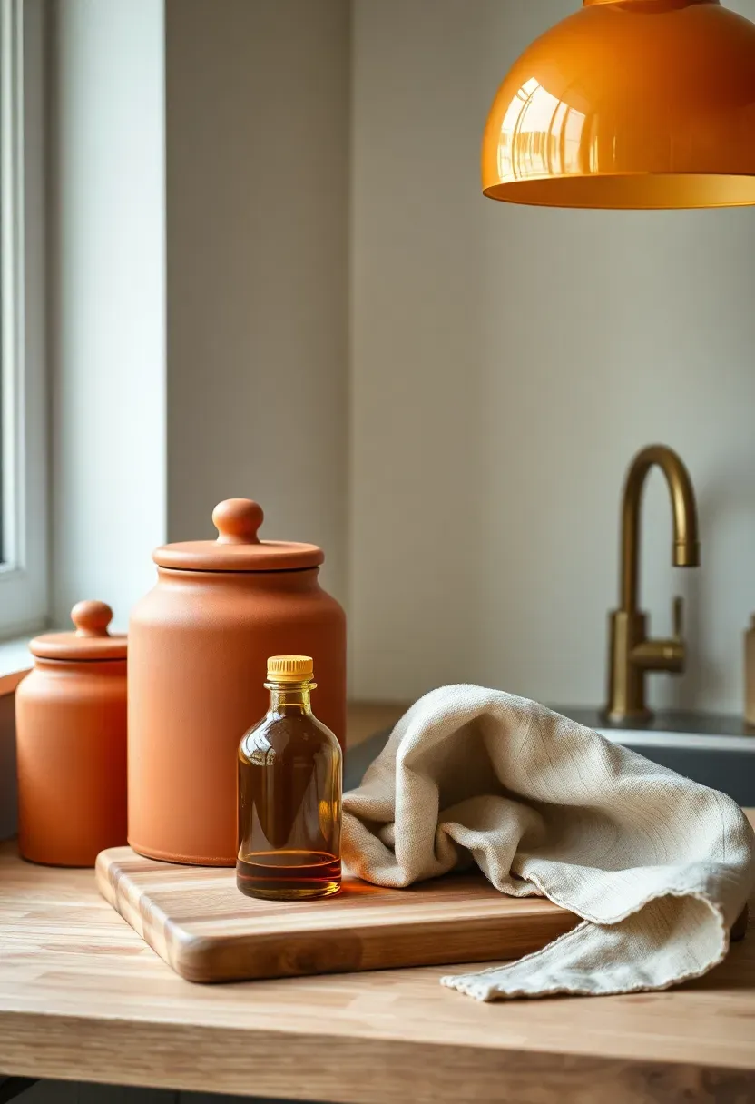 Modern kitchen with terracotta ceramic canisters, warm amber pendant light, and natural linen textiles on a light oak wood countertop