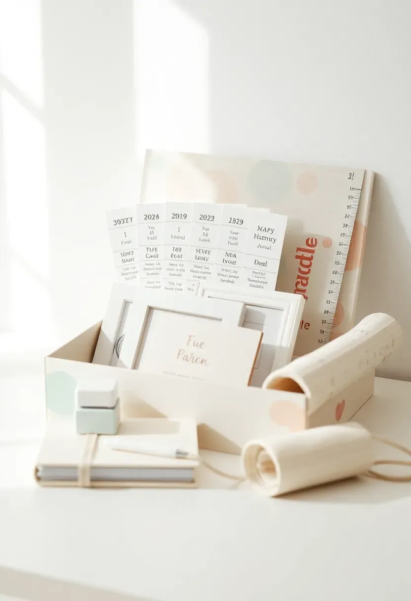 first-year milestone baby basket with monthly sticker cards a photo frame keepsake journal and a measuring tape toy in a pastel decorated box