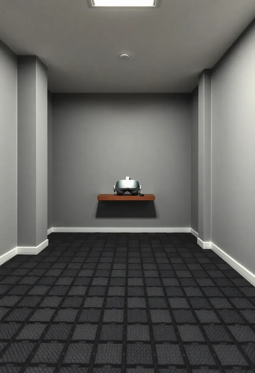 open basement area cleared for VR gaming with padded floor mats and a Meta Quest headset on a shelf