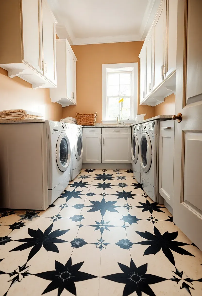 Hyper-realistic top-down angled view of laundry floor with black and white encaustic cement tile in star pattern, white shaker cabinets, white appliances, warm beige walls, woven laundry baskets, few folded items on counter. Materials: cement tile, painted wood, neutral paint, natural fiber baskets. Bright natural light from window, casting subtle shadows. Patterned contemporary mood, sharp focus on tile pattern detail. No text, no logos, no watermarks.</p>