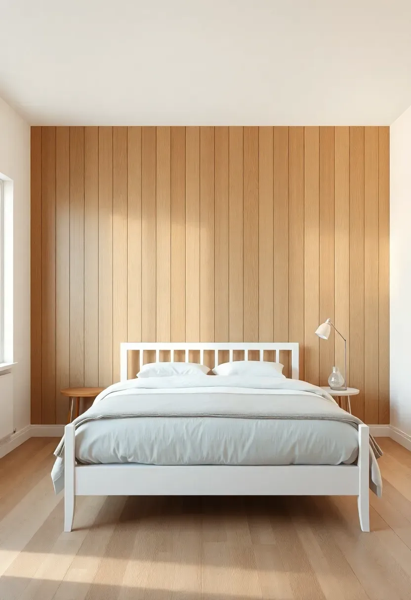 Hyper-realistic frontal view of a minimalist bedroom with one statement wall behind the bed covered in vertical light oak shiplap planks running floor-to-ceiling. Materials: light oak wood planks with visible grain and subtle shadow lines between planks, simple white bed frame in front, white bedding, cream-painted side walls and ceiling, light wood floor. Soft diffused light from left window accentuating plank texture. Clean uncluttered room with minimal furniture. Architectural contrast between wood texture and painted walls.</p>