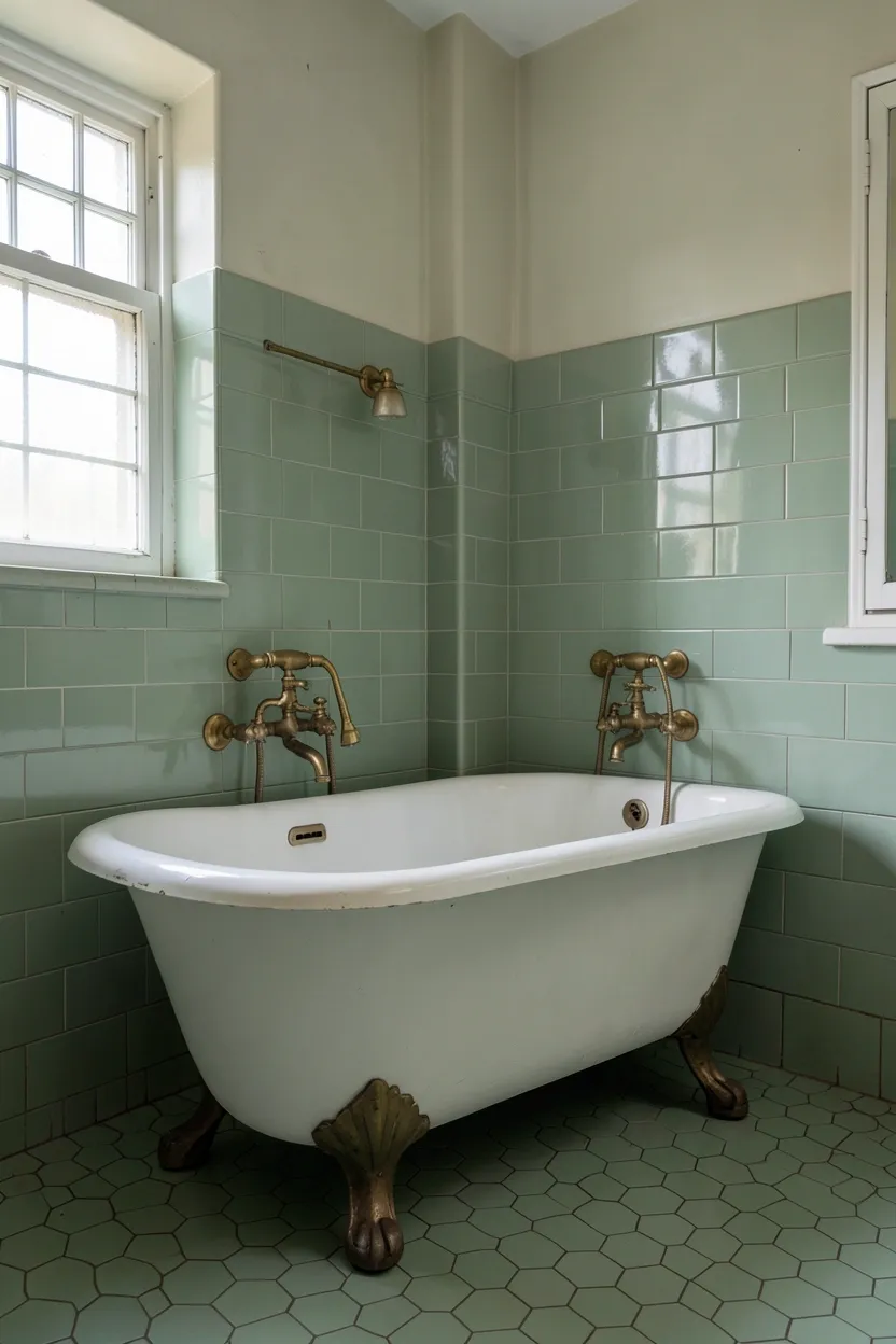 Vintage sage green bathroom with white porcelain clawfoot tub, hexagonal floor tiles, and antique brass fixtures