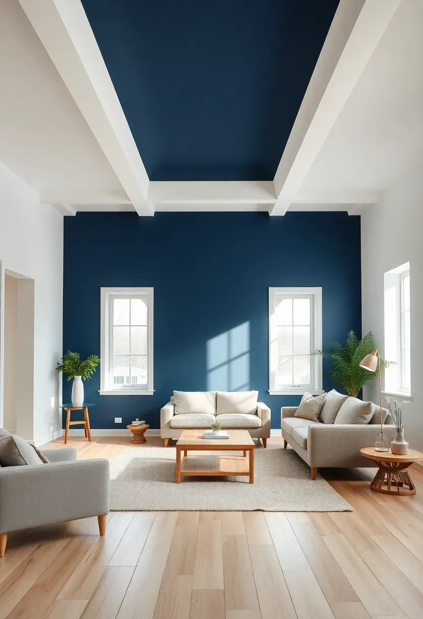 Hyper-realistic wide shot of minimalist living room with navy blue ceiling white walls light oak flooring beige sofa light oak coffee table minimal decor. Materials: navy blue ceiling paint crisp white walls light oak plank flooring beige linen sofa cream wool rug. Soft natural daylight from windows subtle shadows showing ceiling height and navy depth above unique enveloping atmosphere with 9-foot ceiling. Sharp contrast between navy ceiling and white walls clean composition no clutter no text no watermarks.</p>