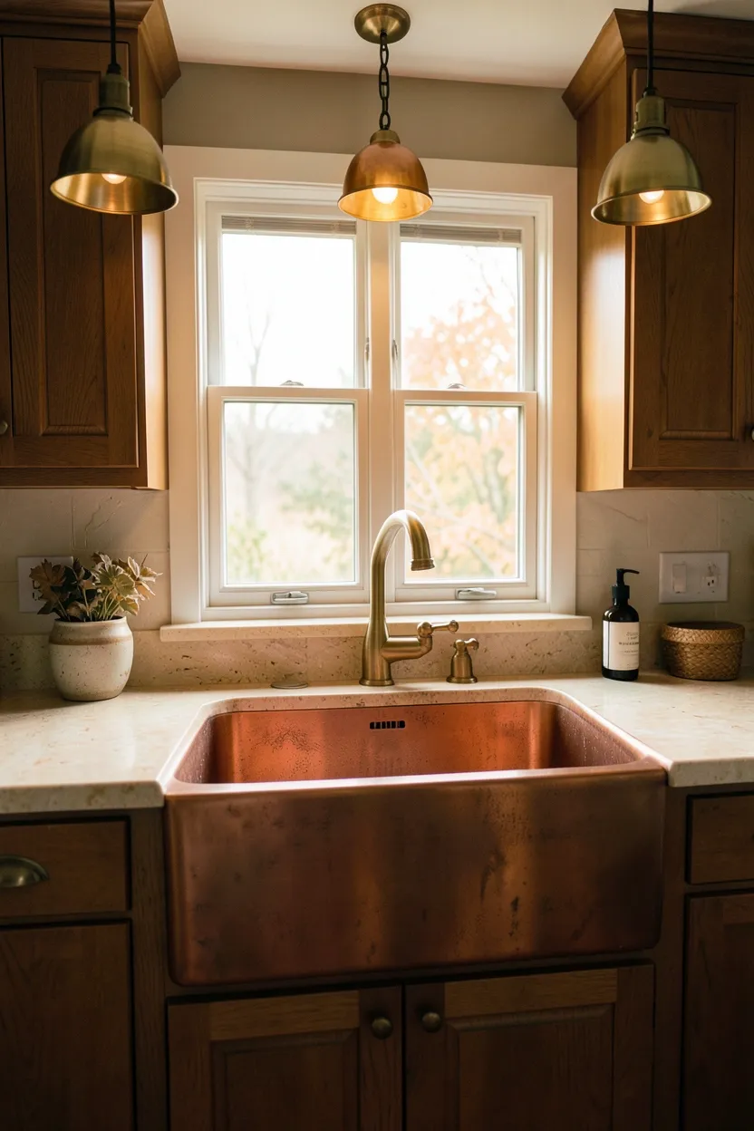 Hyper-realistic eye-level photograph of a kitchen with farmhouse copper sink as warm focal point. Large farmhouse sink in warm copper with developing natural patina positioned centrally under window. Warm natural light filters through window, highlighting copper's warm metallic glow. Surrounding upper cabinets in warm walnut. Countertop in honed limestone in warm cream. Warm brass faucet and soap dispenser complement copper tones. Warm ambient lighting from brass pendant lights creates cozy autumnal atmosphere. Visible natural materials and warm metallic tones throughout. No text, no logos, no watermarks.</p>