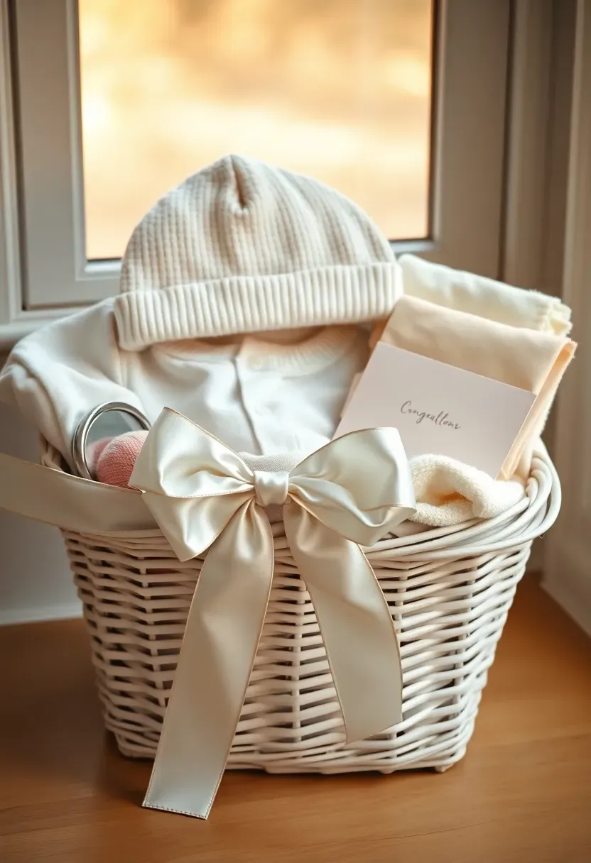 welcome home from hospital baby gift basket with going-home outfit newborn hat soft blanket car mirror and congratulations card in a white ribbon-wrapped basket