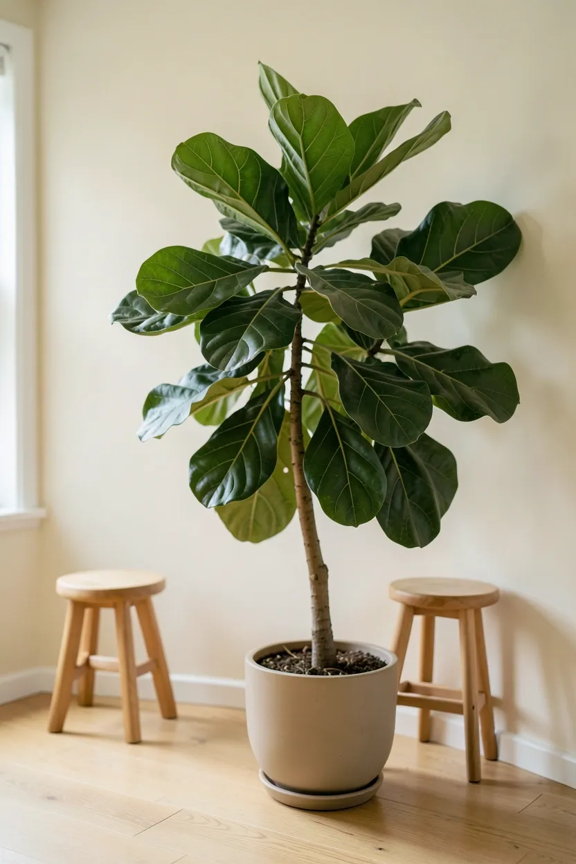 Tall bird of paradise in a woven basket beside a minimalist cream sofa in a bright rental living room