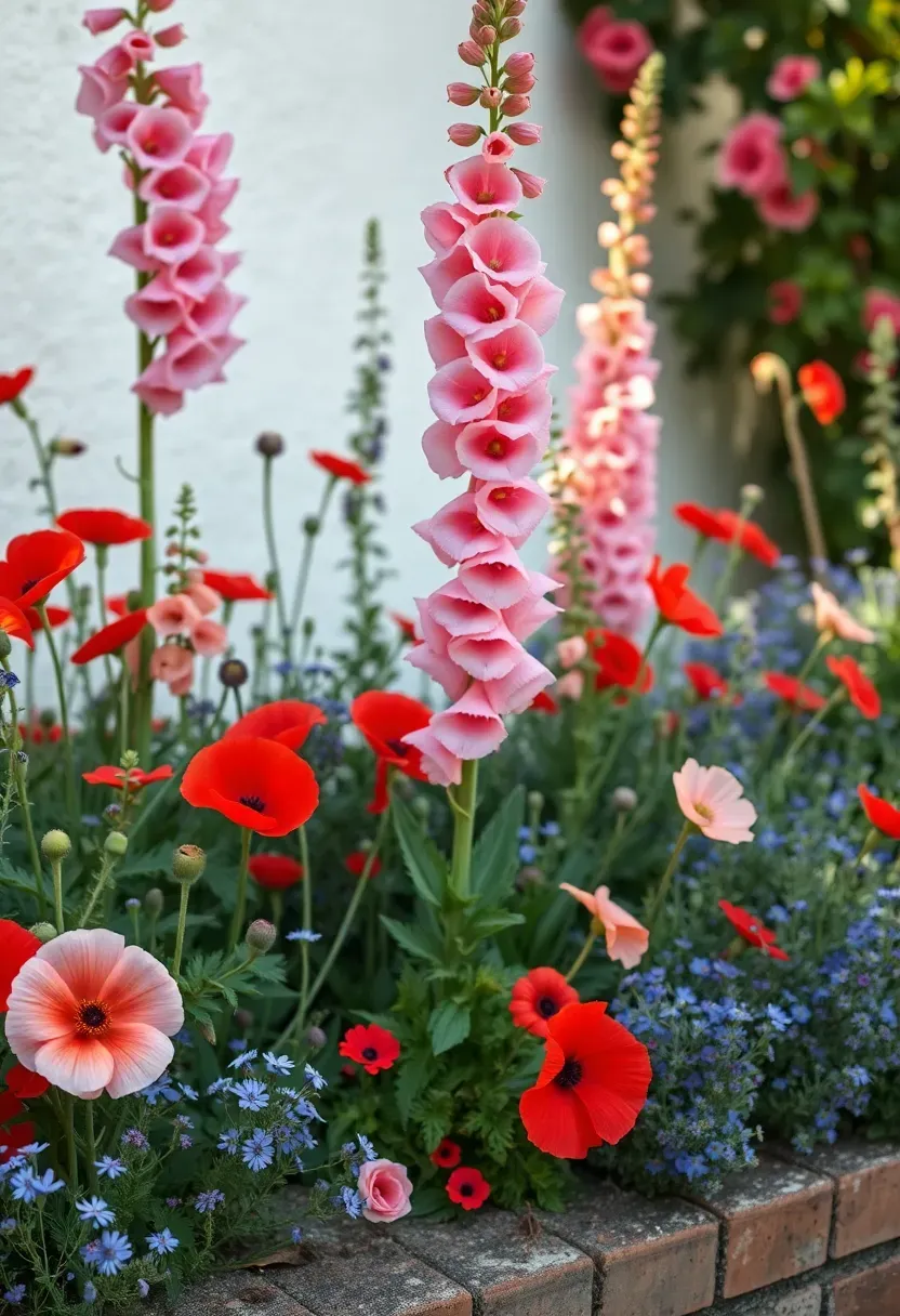 Cottage-style garden bed overflowing with self-seeding foxgloves, hollyhocks, poppies, and nigella in a cheerful jumble of colors
