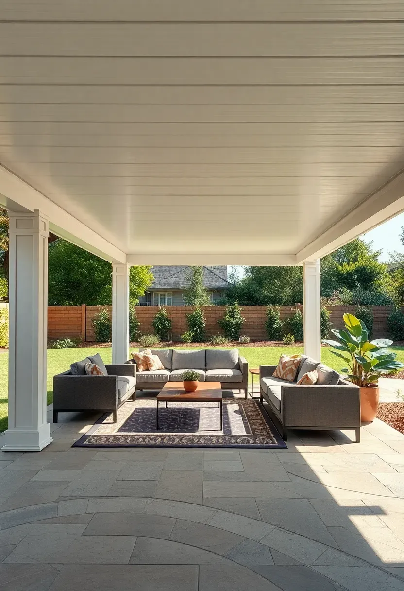 White aluminum patio cover with flat roof panels providing full shade over a large backyard entertaining space with a sectional sofa and coffee table