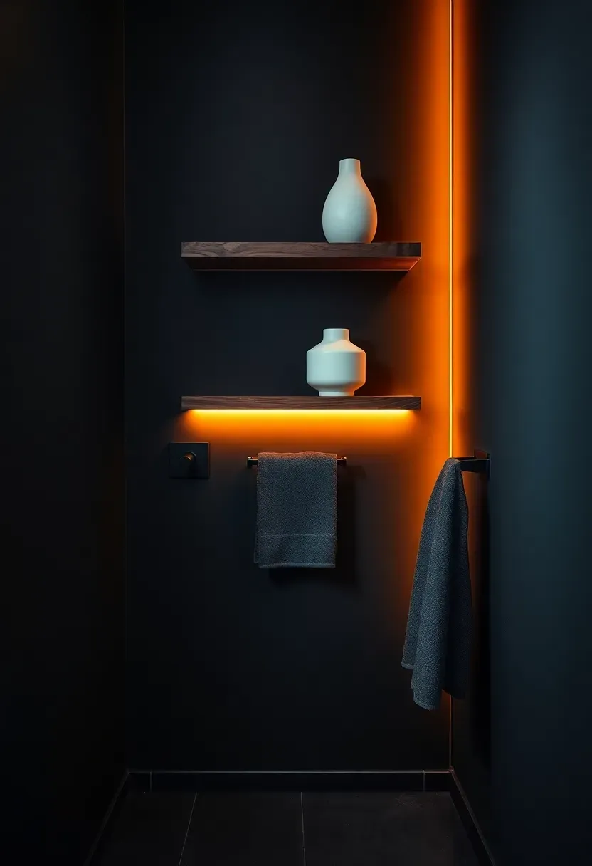 Dark charcoal bathroom with walnut floating shelf and warm ambient wall lighting