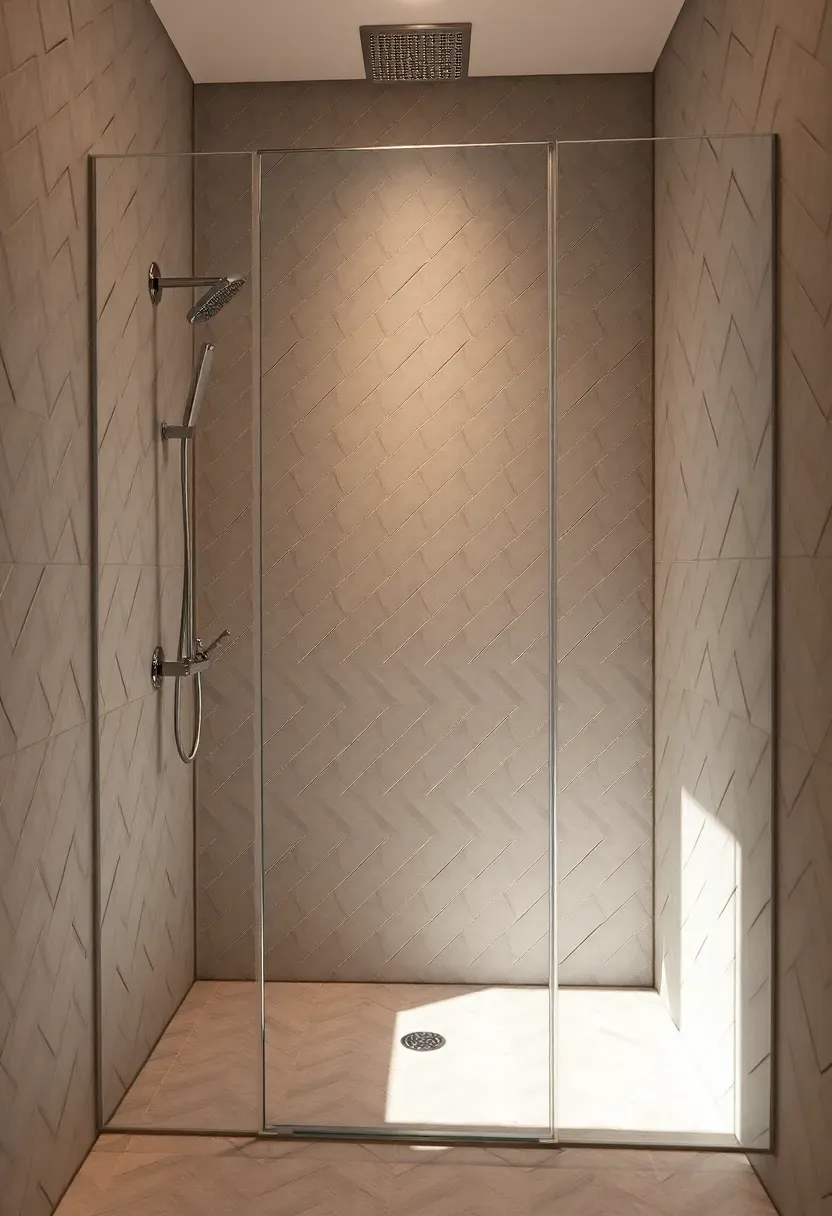 Floor-to-ceiling herringbone tile pattern in light grey porcelain inside a frameless glass shower enclosure