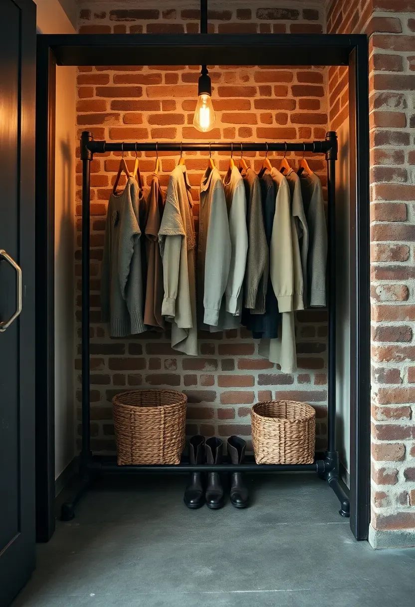 Industrial black pipe garment rack with exposed clothing and shoe shelf replacing a closet door in a loft bedroom