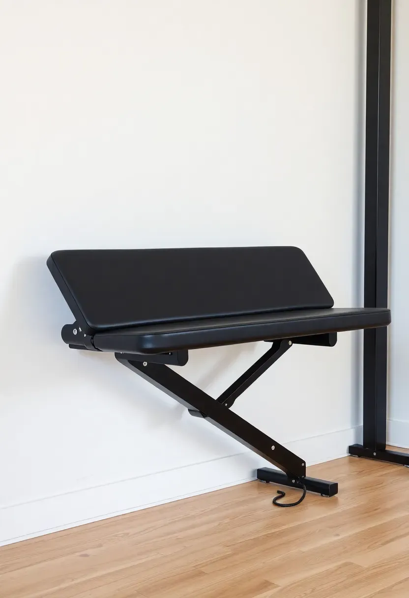 Fold-down weight bench station mounted to gym wall, open and ready for use with integrated hooks for dumbbells beside it