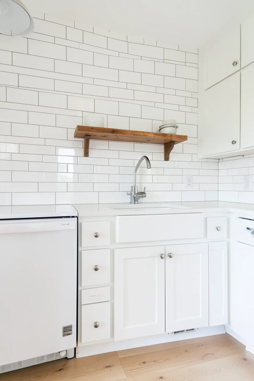 White subway tile backsplash with a floating wood shelf accent in a modern rental kitchen, clean grout lines and warm oak wood contrast
