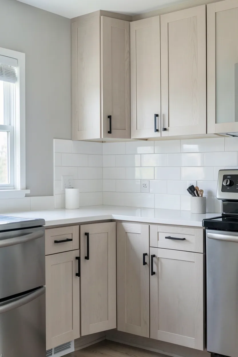 Light birch wood kitchen cabinets with matte black hardware creating modern Scandinavian-style contrast