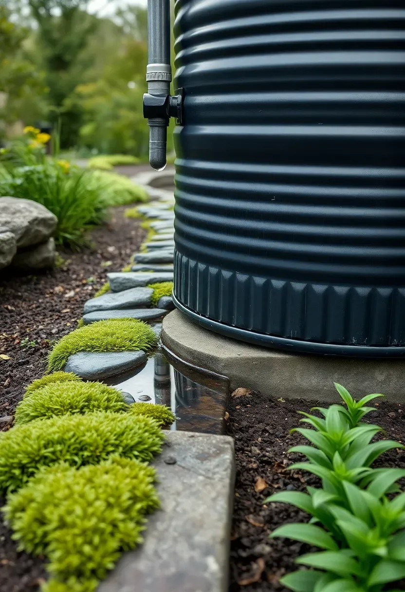 Residential rainwater harvesting landscape with dark corrugated rain barrel, stone-lined overflow channel, and planted swale