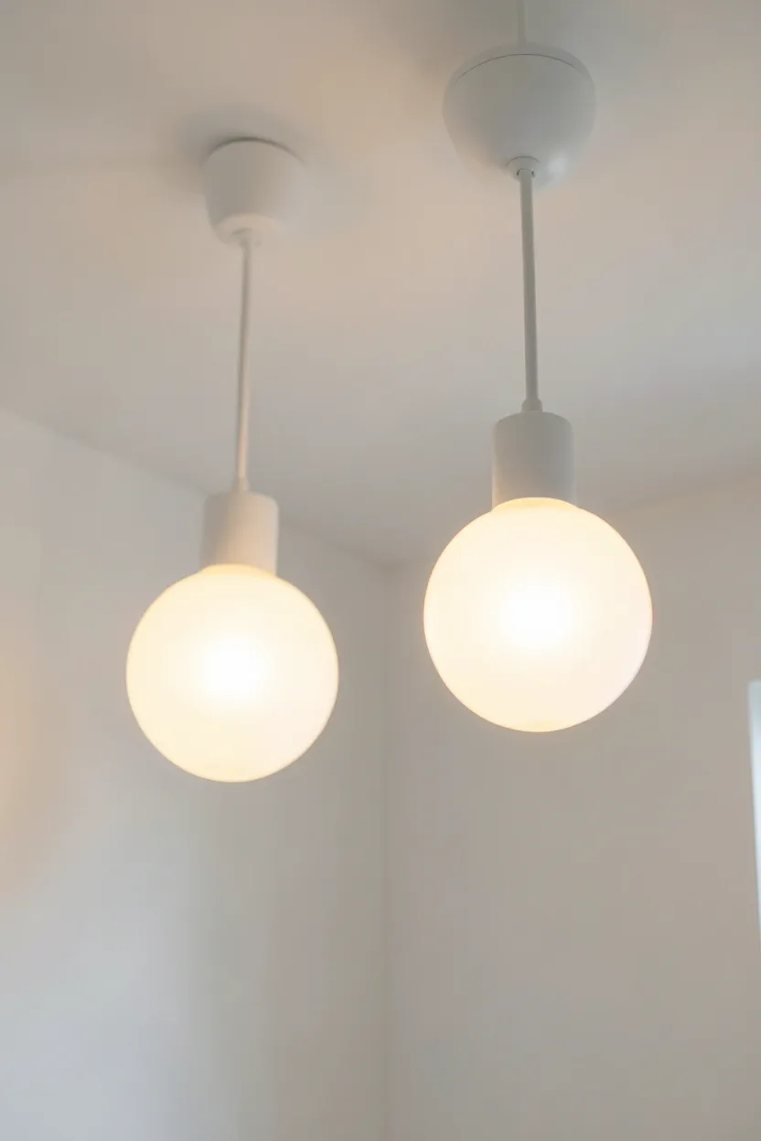 Minimalist white pendant lights with warm LED bulbs creating cozy ambiance in a Japandi bedroom
