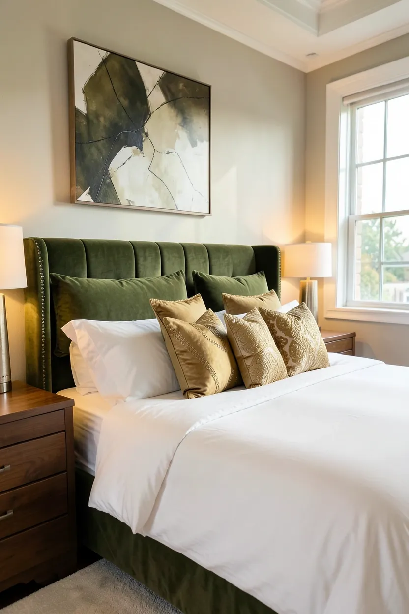 Deep olive green accent wall behind a bed with cream bedding and brass wall sconces, bedroom focal point idea for renters