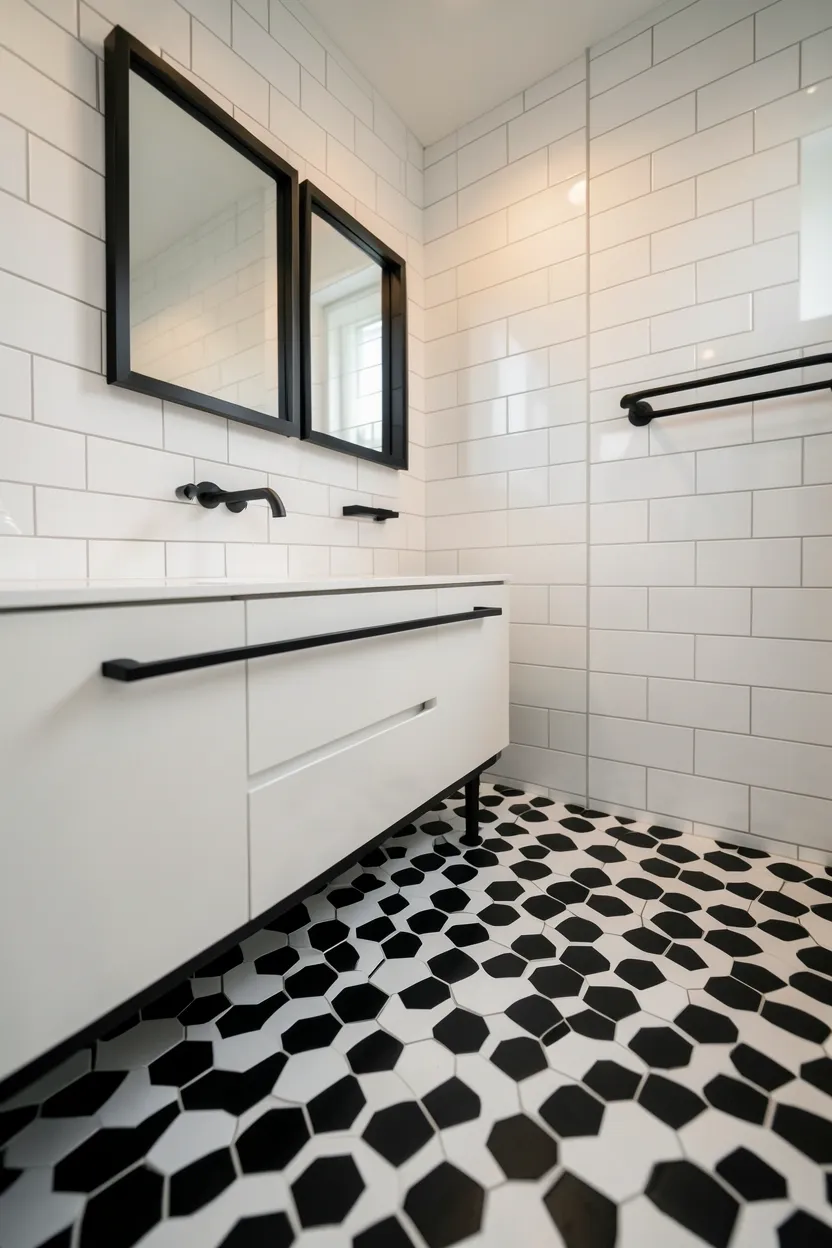 Round light oak framed mirror above a white vanity in a calm neutral bathroom