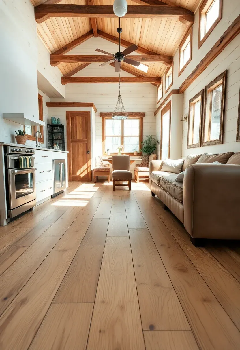 Hyper-realistic high-angle view showing wide-plank flooring throughout rustic tiny house. Eastern white pine planks (6 inches wide, random lengths) with natural finish, visible saw marks and subtle grain. Floor runs continuously from kitchen through living area. Materials: natural pine flooring, cream walls, reclaimed wood beams, leather furniture. Bright natural light emphasizing floor continuity. Shallow depth of field showing plank width and saw marks. Authentic wide-plank pine floor mood.</p>