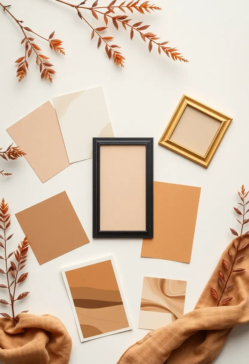 Color swatches, frame samples in gold and black, and small art prints arranged on a white surface to test palette coordination