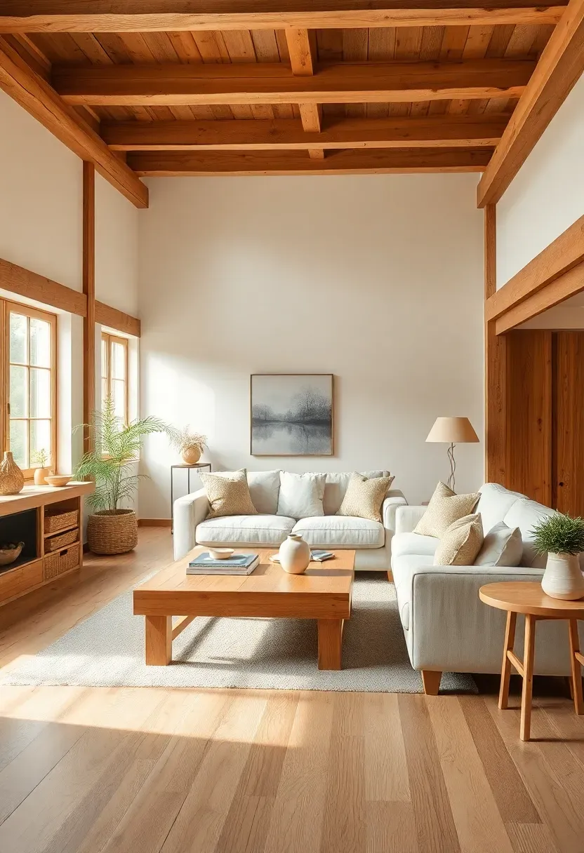 Hyper-realistic wide view of rustic minimalist living room with all wood elements in similar light oak tone. Materials: light oak floor, exposed oak beams, oak coffee table, oak side table, cream linen sofa. Natural daylight from windows. Composition showing wood harmony throughout. Clean edited spaces with wood tones as consistent element. No text, no logos, interior design magazine style.</p>