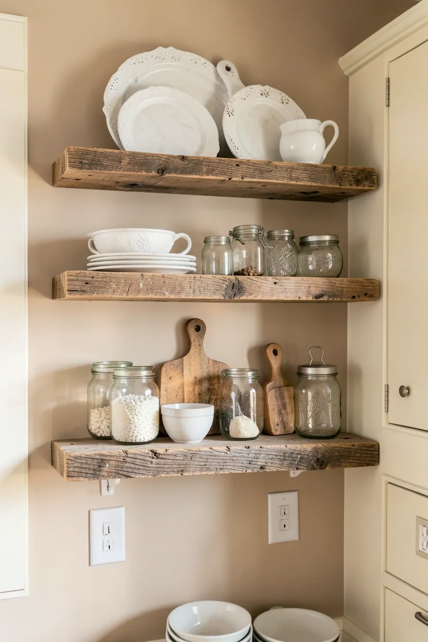 Reclaimed weathered wood floating shelves in a small farmhouse kitchen displaying white ironstone and Mason jars