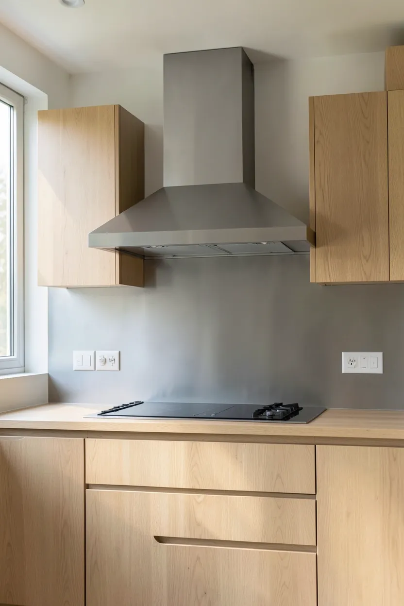 Japandi kitchen with frameless glass cabinet doors displaying coordinated white ceramics above the sink