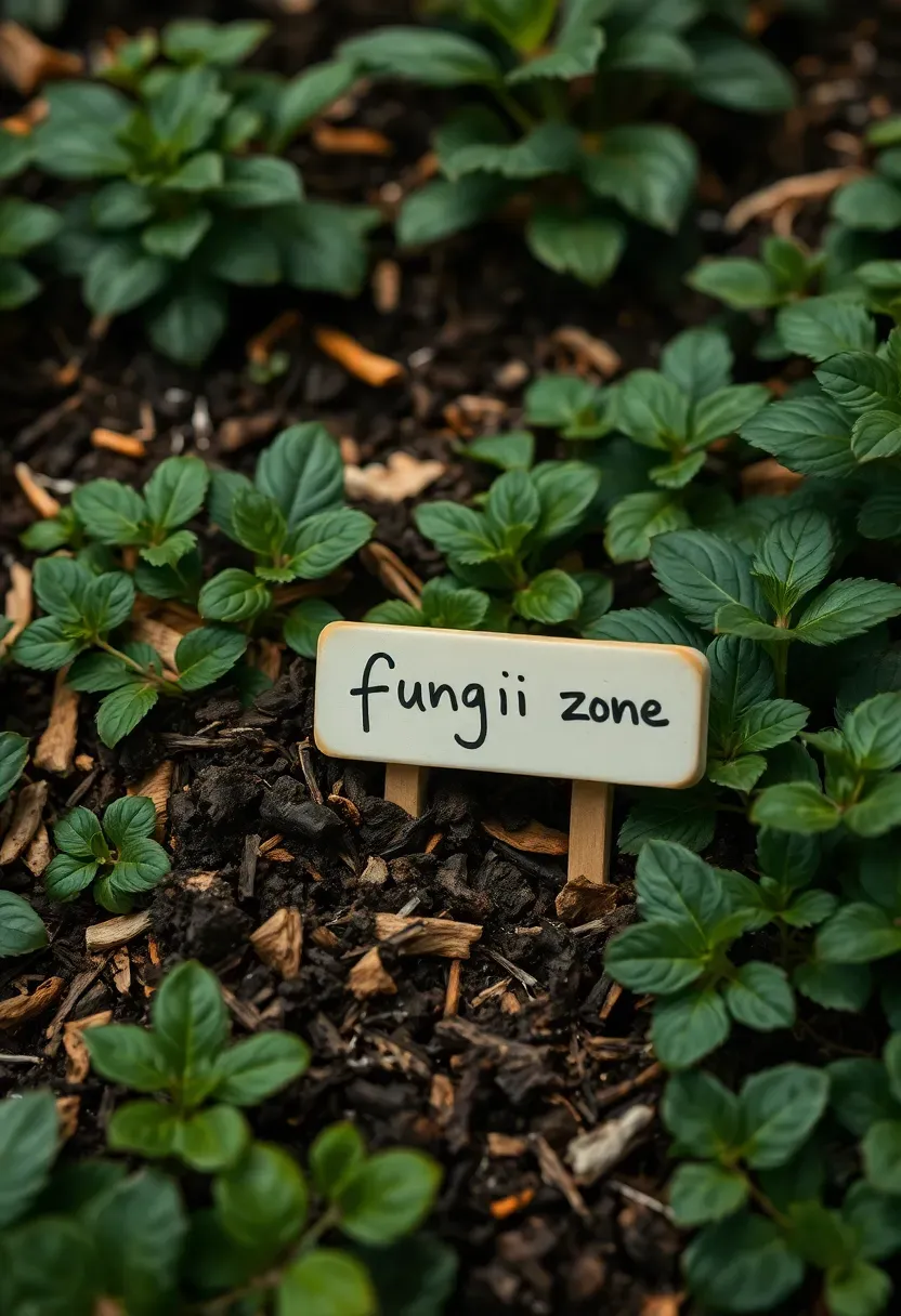 Mycorrhizal garden bed with dense perennial planting, wood chip inoculant layer, and handwritten fungi zone ceramic marker