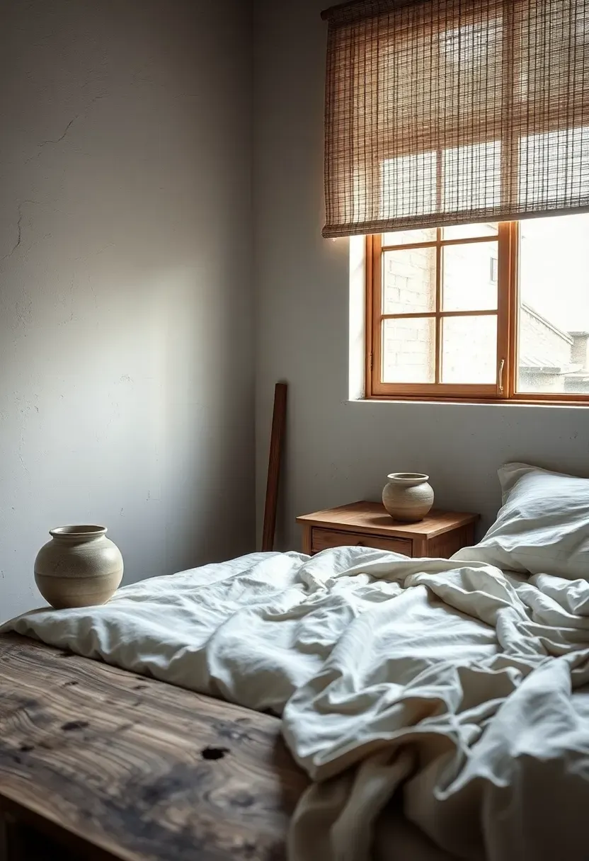 wabi sabi bedroom with imperfect plaster walls handmade pottery and organic unfinished wood furniture
