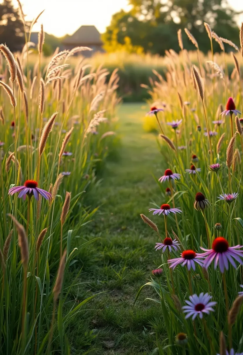 A backyard native prairie meadow with tall grasses and wildflowers like coneflower and blazing star swaying in the breeze, a mown path cutting through the center