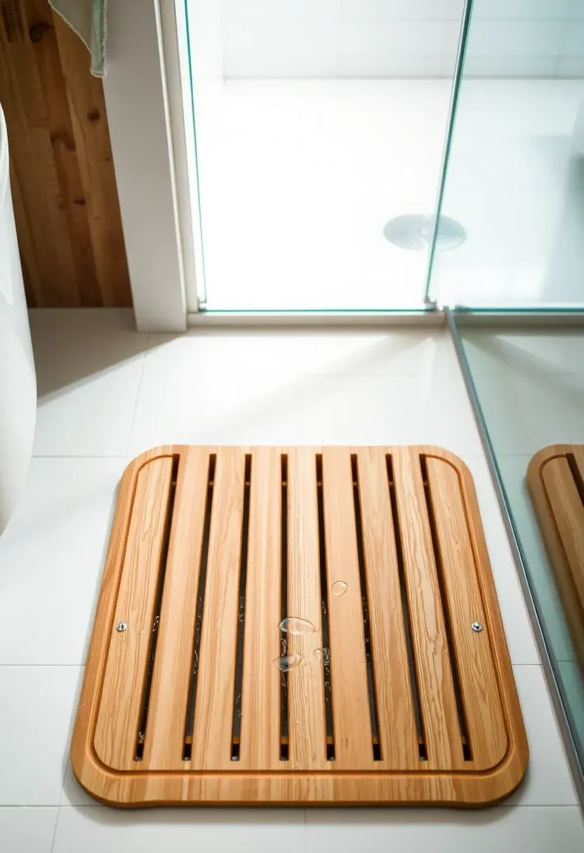 Slatted wooden bath mat made of cedar on a white tile bathroom floor next to a glass shower door