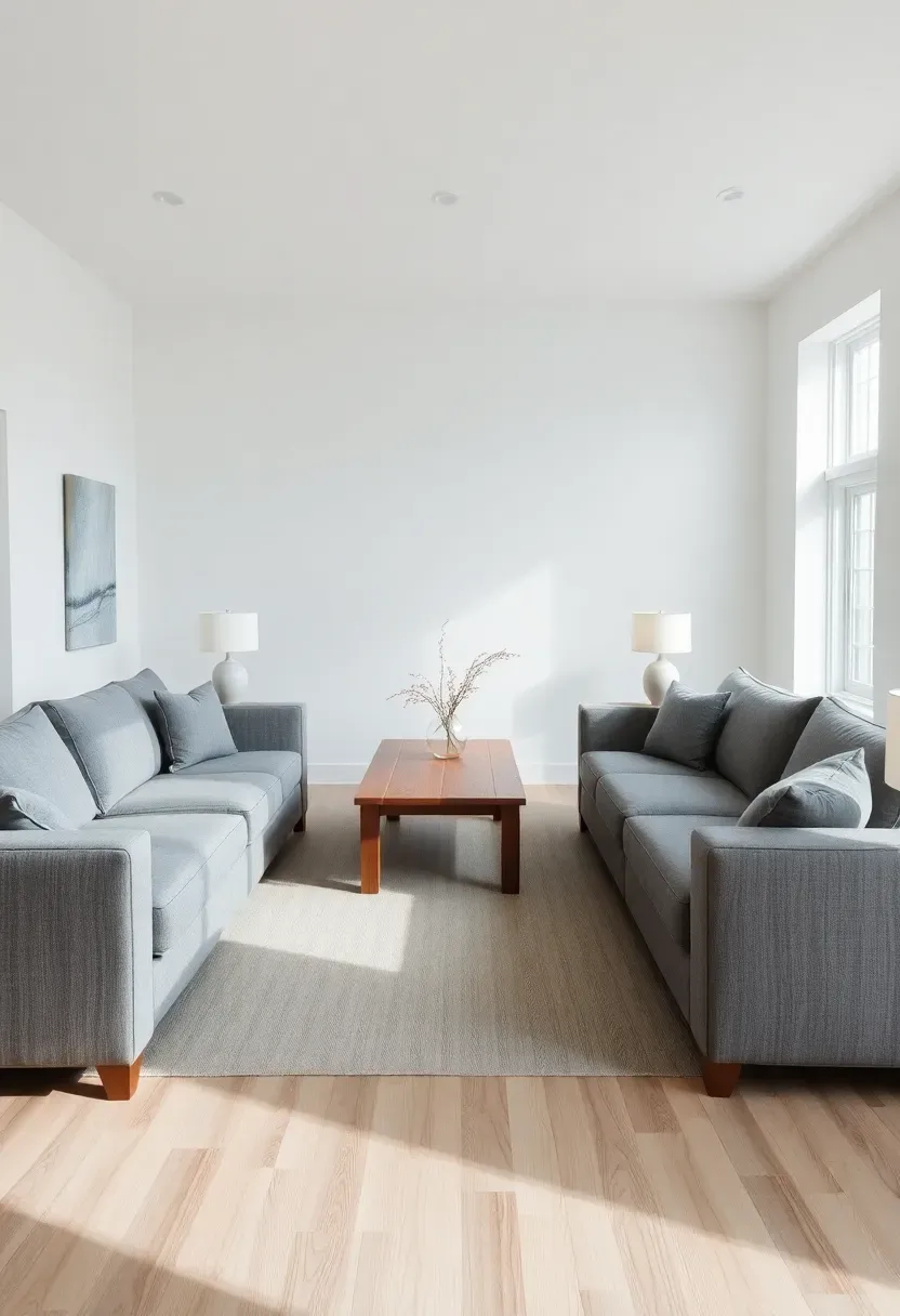 Hyper-realistic wide shot of minimalist living room with two matching gray sofas facing each other, coffee table centered between, symmetrical arrangement with matching table lamps on side tables, balanced minimalist aesthetic. Materials: medium gray upholstery on both sofas, white walls, light wood floor, rectangular coffee table in wood or stone. Diffused natural light from windows, formal yet minimalist mood emphasizing symmetry and conversation. Sharp details on both sofas, composition showing balanced arrangement, no text, no logos, no watermarks.</p>