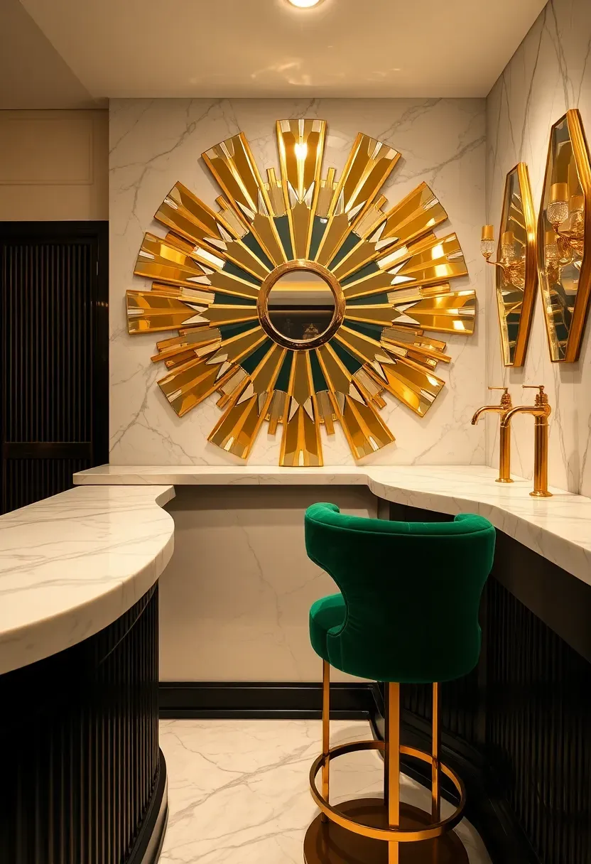 Art deco basement bar with geometric mirror wall, velvet bar stools, gold-finished fixtures, and a curved marble counter