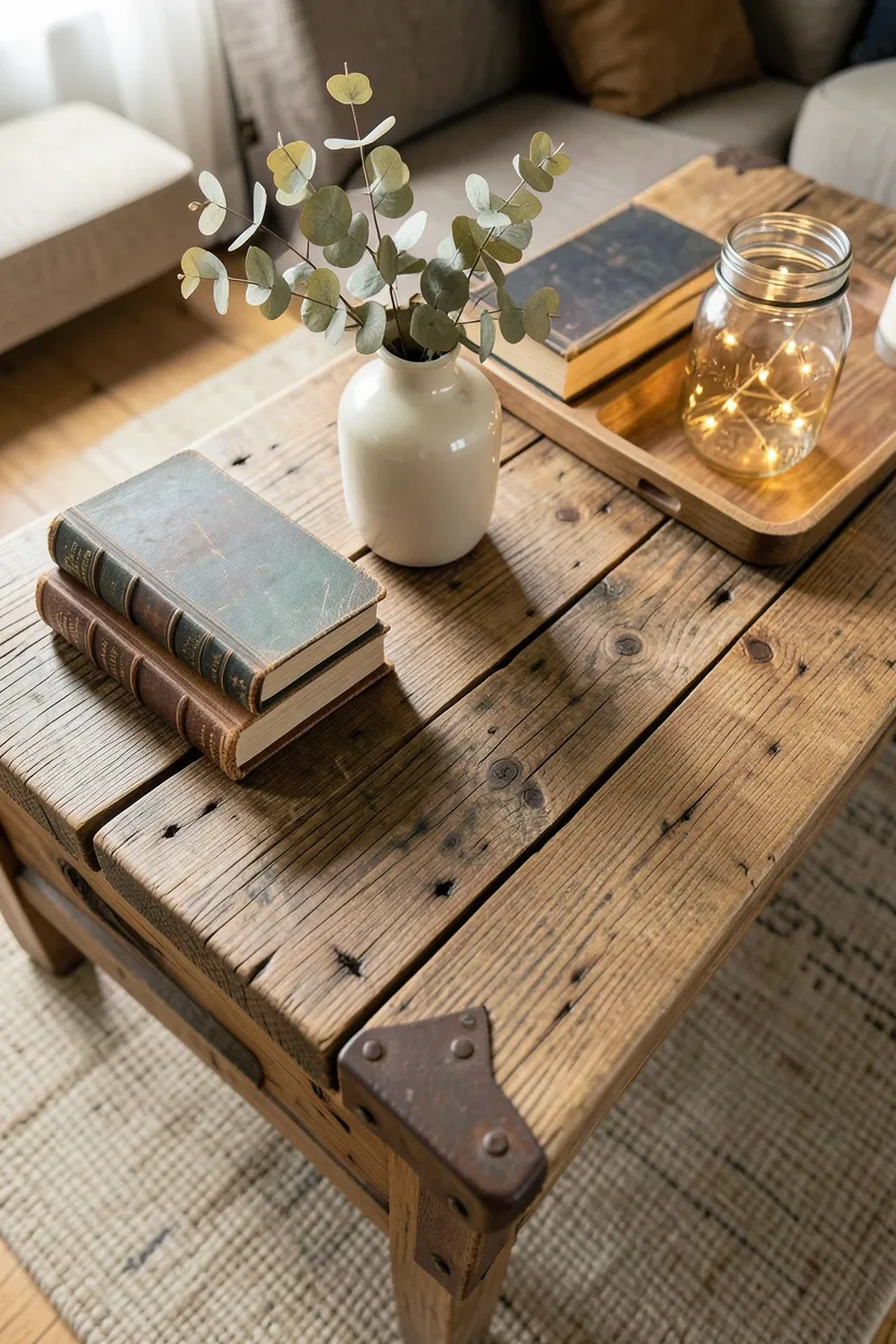 Reclaimed wood coffee table with visible grain and nail holes styled with dried botanicals in a cozy farmhouse living room