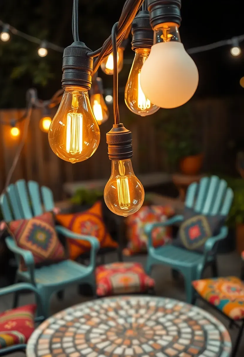 String lights featuring a mix of large Edison bulbs and small globe bulbs on the same strand hung over an eclectic backyard seating area at night