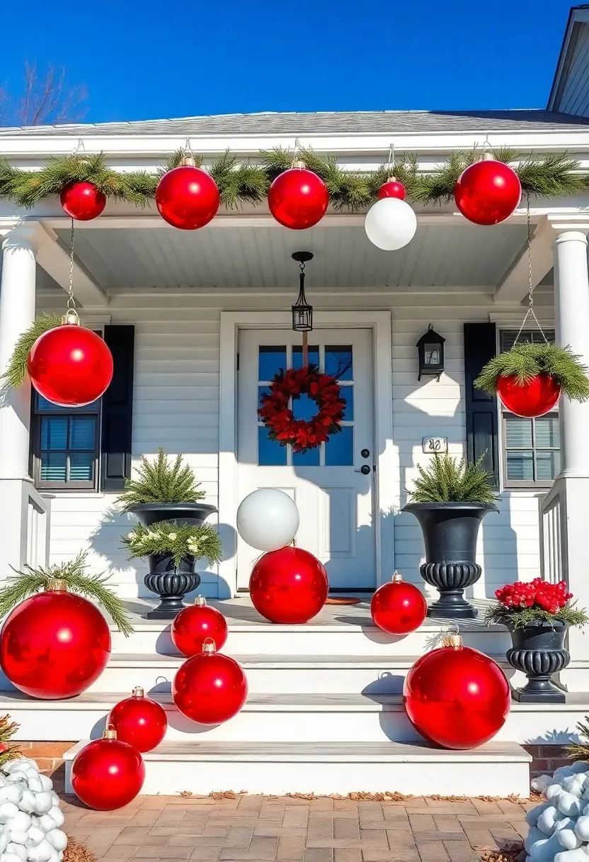 Hyper-realistic exterior shot of front porch featuring oversized shatterproof Christmas ornaments as primary decor. White painted wooden porch with three steps leading to front door. Five large red ornaments (10-inch diameter) arranged asymmetrically on steps—two on middle step, three on top step near door. Three white oversized ornaments (8-inch) in large black urn flanking steps. Matching red and white ornaments hang from porch ceiling at varying heights. Porch rail has fresh pine garland. House has white siding with black shutters, gray roof. Clear blue winter sky with sunlight. Materials: shatterproof plastic ornaments, painted wood, black urn planters, fresh pine. Bright winter sunlight (5500K) creating sharp shadows and reflections showing glossy ornament surfaces, playful whimsical mood, medium composition showing overscaled ornaments as focal element, color blocking in red and white palette. No text logos watermarks.</p>
