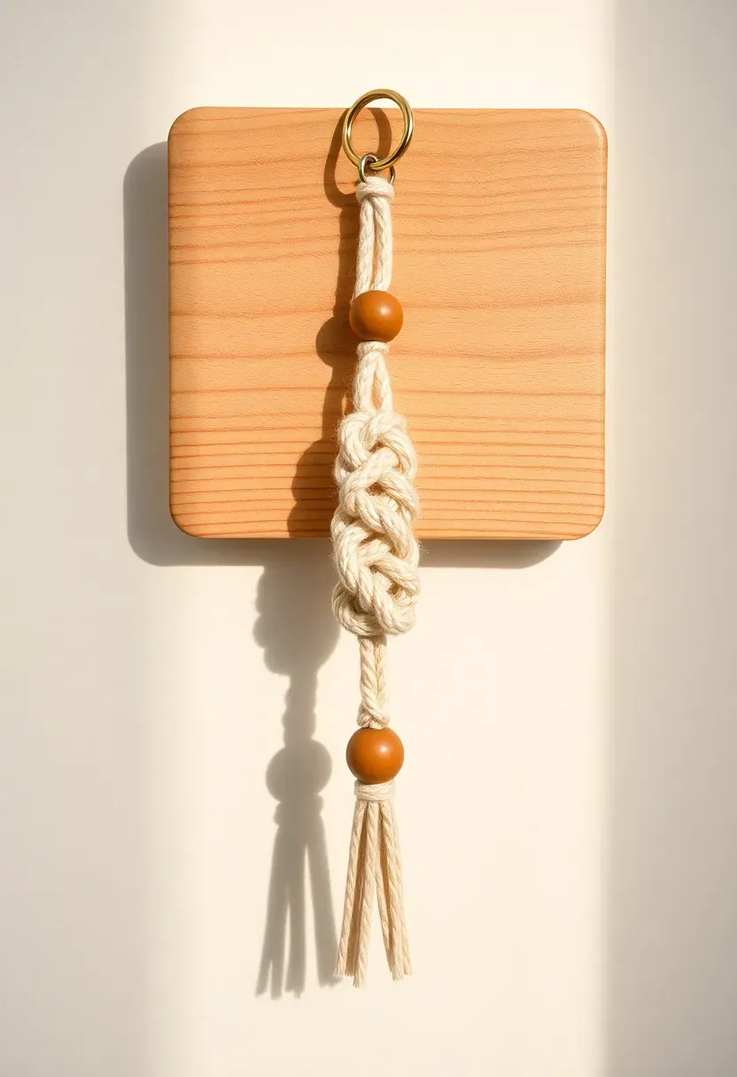 small handmade macramé keychain with wooden bead accent hanging on a rustic wooden peg board