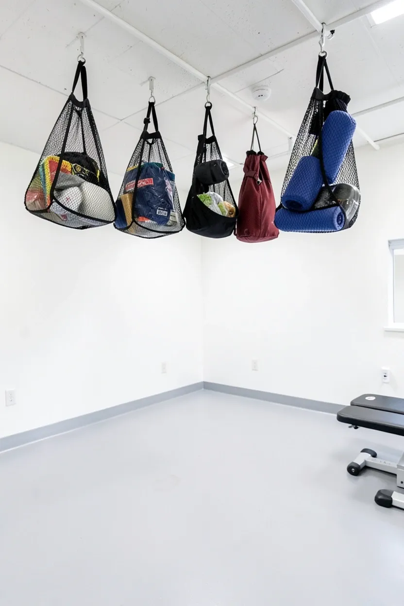 Heavy-duty mesh storage bag hanging from ceiling joists above a small gym room floor, holding foam rollers and seasonal gear
