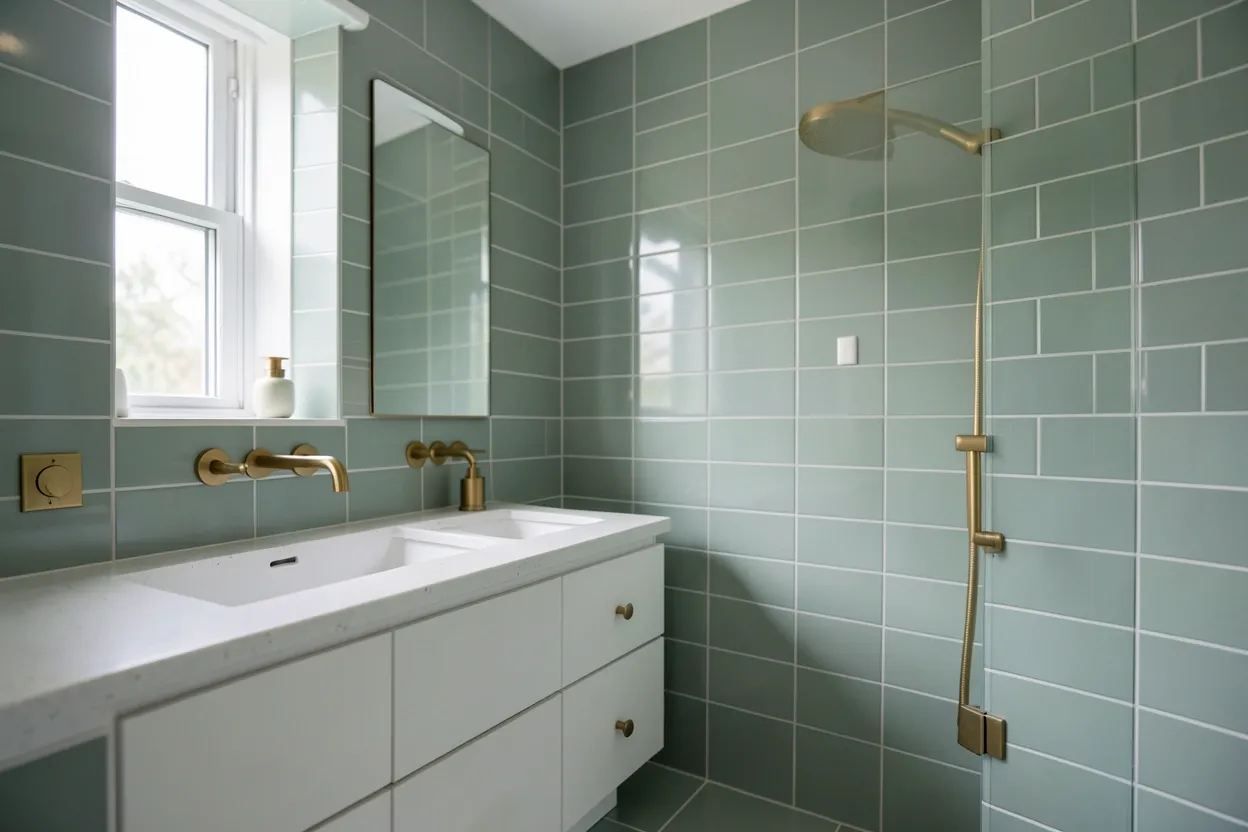 Bright sage green bathroom with white fixtures, brass hardware, and natural wood accents — calm modern rental bathroom design