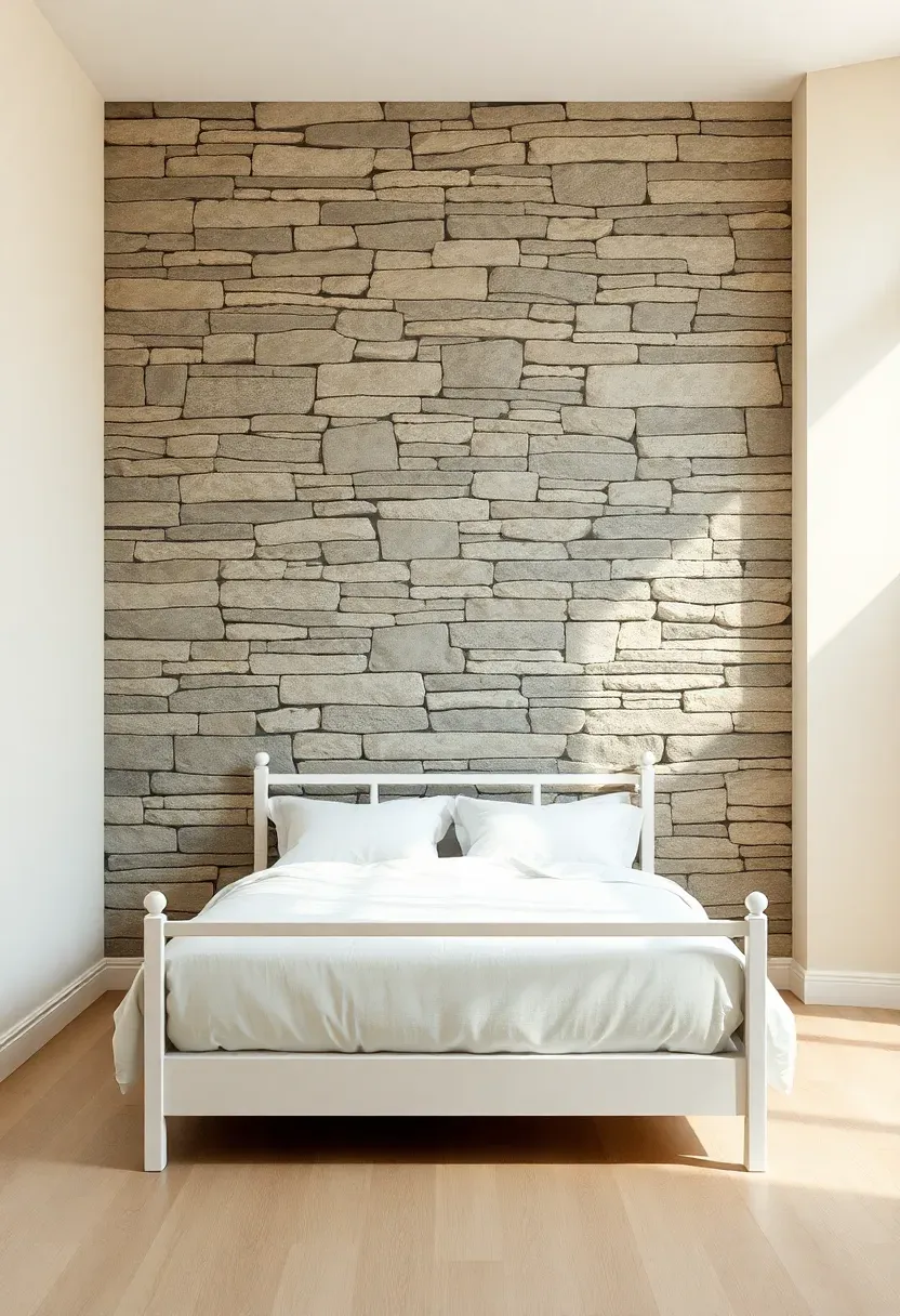 Hyper-realistic frontal view of a minimalist bedroom with a floor-to-ceiling stone accent wall behind the bed. Materials: stacked fieldstone veneer in neutral gray and warm beige tones with visible grout lines and natural depth variations, simple white bed frame in front, white bedding, smooth cream-painted side walls, light wood floor. Soft diffused light from side window creating gentle shadows emphasizing stone texture and depth. Clean uncluttered room with minimal furniture. Architectural contrast between rough stone and smooth walls.</p>