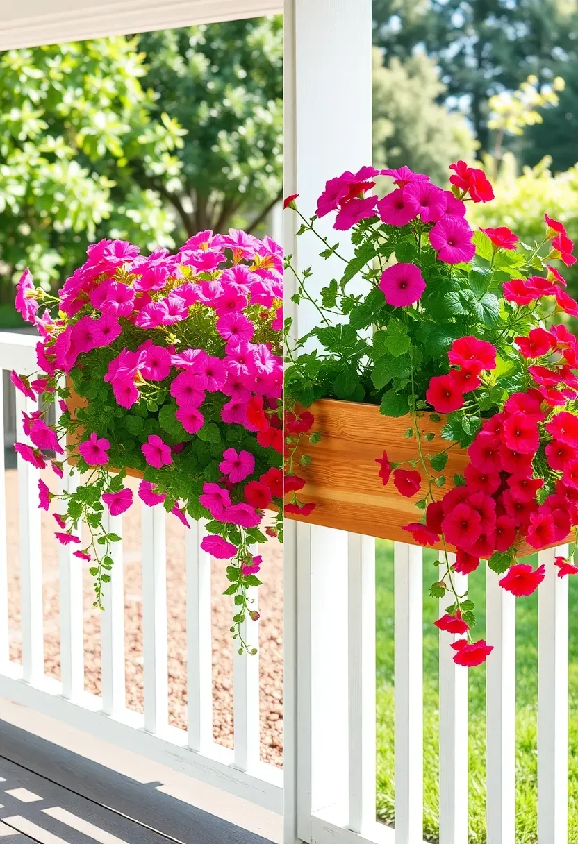 Before and after of a ranch porch railing with bare flat top rail versus the same railing fitted with cedar window box planters overflowing with trailing petunias
